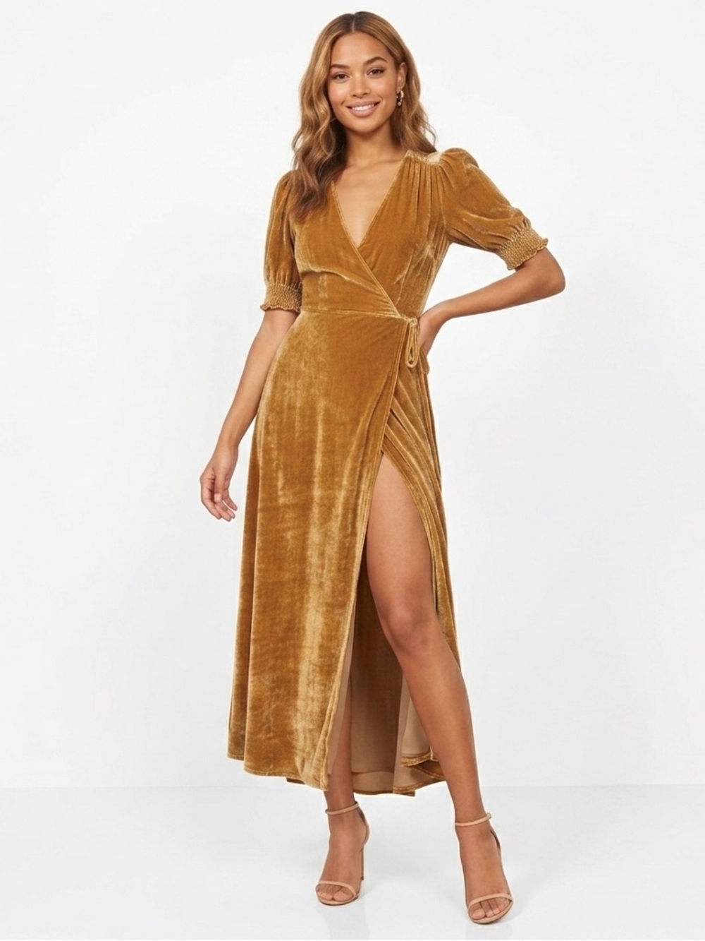 Reformation The Peonie Wrap Silk Blend Midi Dress Gold XS